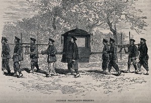 view Bearers in China carrying a sedan chair suspended between poles. Wood engraving.