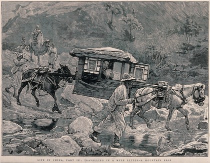 China: a litter or palanquin carrying a woman is being transported by two mules across a stream in a rocky pass. Wood engraving by E. Froment after W. Small.