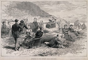 view Hong Kong: westerners promenading and taking sedan chairs along Kennedy Road. Wood engraving after C.J. Uren, 1883.