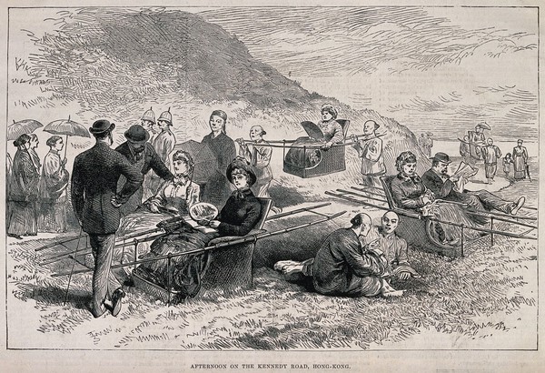 Hong Kong: westerners promenading and taking sedan chairs along Kennedy Road. Wood engraving after C.J. Uren, 1883.