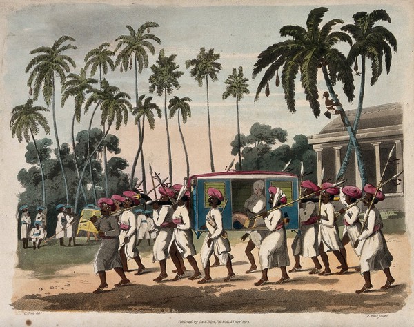 A group of men in turbans are carrying a litter, and attending to their passenger. Coloured aquatint by J. Wells after C. Gold.