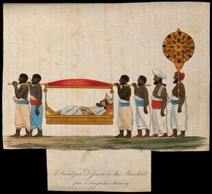 view A man lying in a litter, being carried by four men. Coloured etching.