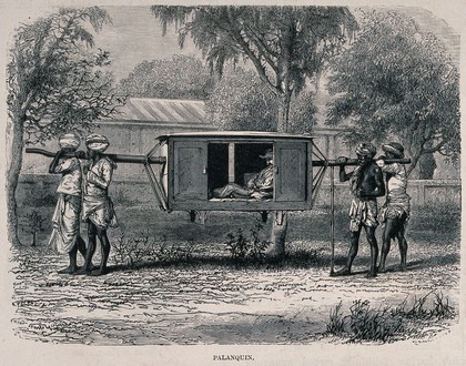 A European man in India (?) being carried in a litter on the shoulders of four men. Wood engraving by A.F. Pannemaker.