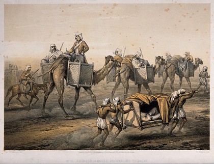 Sepoy Rebellion: British officers travelling in panniers on the backs of camels and borne in a litter by Indian men. Tinted lithograph by W. Simpson, 1859, after G.F. Atkinson.