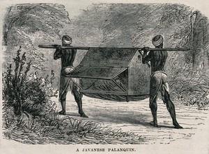 view A woman is being carried through the woods in Java in a litter by two men. Wood engraving.