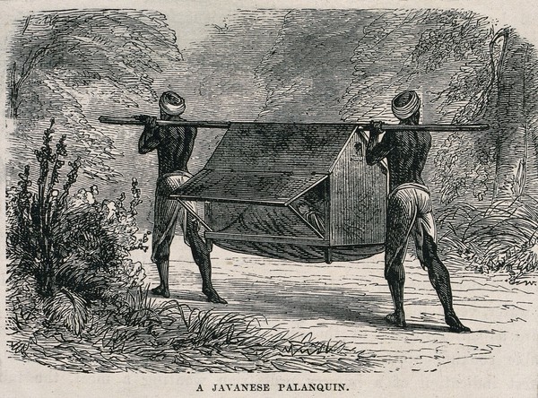 A woman is being carried through the woods in Java in a litter by two men. Wood engraving.