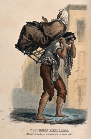 view A man in Mexico is carrying a blind old man in a chair on his back in order to attract alms. Coloured lithograph by C. Linati, 1828.