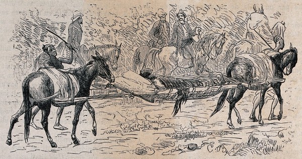 A man is being carried recumbent on a bier supported between two horses, men on horseback are watching from the side of the road. Wood engraving by CfB (?).