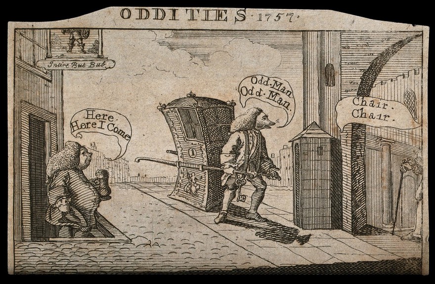 A man with the head of a fox (Henry Fox) is pulling the king's sedan chair, and calls for help from George Bubb Dodington, who is drinking in an inn. Etching, 1757.