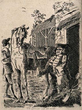 A man is pulling on a pair of riding boots at which the horse looks quizzically at him. Etching by F. Grose.