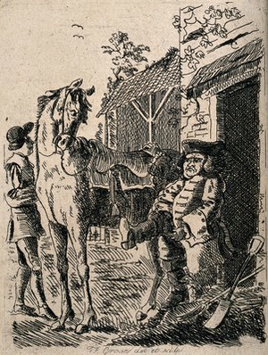 view A man is pulling on a pair of riding boots at which the horse looks quizzically at him. Etching by F. Grose.