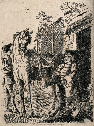 A man is pulling on a pair of riding boots at which the horse looks quizzically at him. Etching by F. Grose.