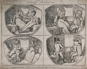 view Men and women are sitting in coaches holding on to the straps. Etching by Cruikshank after Woodward.