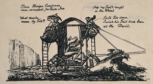 view A carriage or bathing machine drawn by a sea monster is driven below cliffs: the animal inside has its tail caught in one of the rear wheels; the coachmen and two other passengers speak. Soft-ground etching.