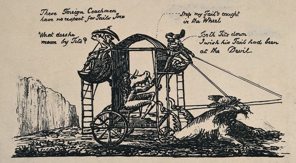 A carriage or bathing machine drawn by a sea monster is driven below cliffs: the animal inside has its tail caught in one of the rear wheels; the coachmen and two other passengers speak. Soft-ground etching.