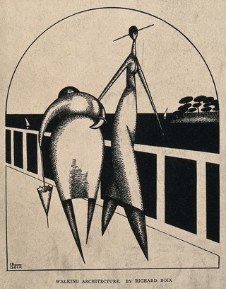 Two stylised figures, one fat, one thin, walk along a bridge. Line block process print after R. Boix.