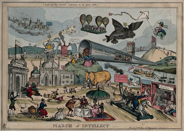 A futuristic vision: the advance of technology leads to rapid transport, sophisticated tastes among the masses, mechanization, and extravagant building projects. Coloured etching by W. Heath, 1829.