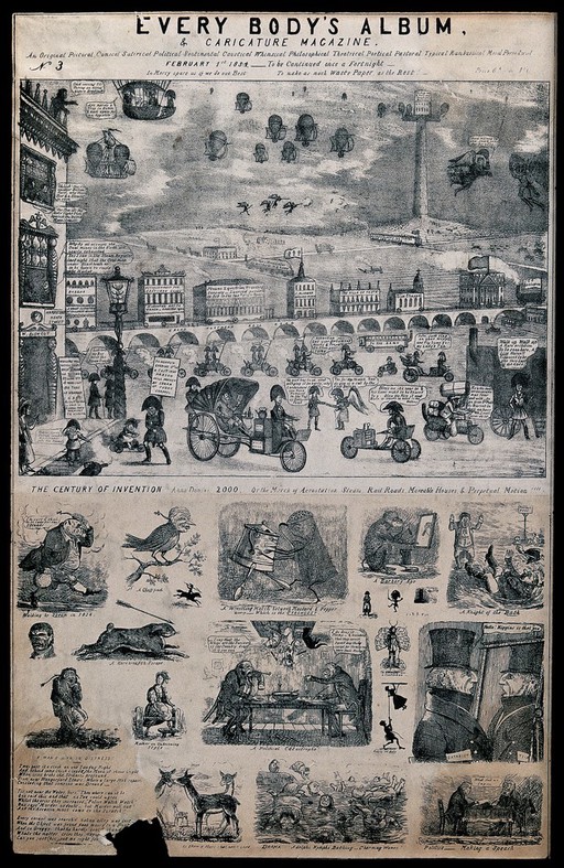 People are using various modes of transport, some in hot-air balloons, some with their own wings, and some in carriages running on steam. Engraving.