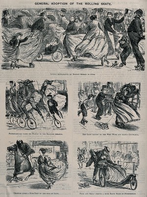 view Men, women and children are using roller skates as a mode of transport around the streets. Wood engraving.