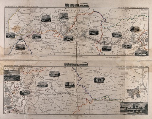 Maps of the French countryside with railway lines and trains. Coloured engraving.