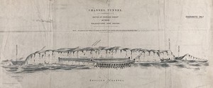 view A railway viaduct over the sea between Dover and Folkestone forming the entrance to a tunnel under the English Channel. Lithograph.