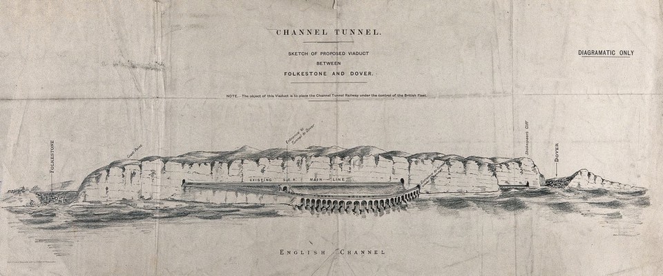 A railway viaduct over the sea between Dover and Folkestone forming the entrance to a tunnel under the English Channel. Lithograph.