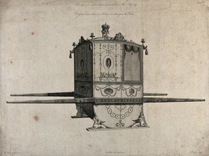 view An ornate sedan chair with a state crown on top. Engraving by P. Begbie, 1775, after R. Adam, 1771.