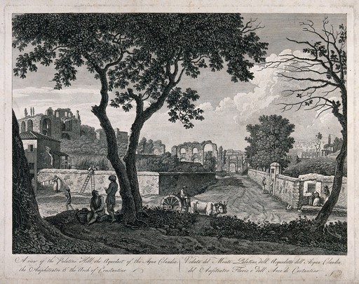 People sit under a tree and a man drives a cart with the ruins of buildings and an aqueduct in the background. Engraving.