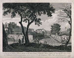 view The Palatine, Rome: people sit under a tree and a man drives a cart, with the ruins of buildings and an aqueduct in the background. Engraving by C. Labruzzi.