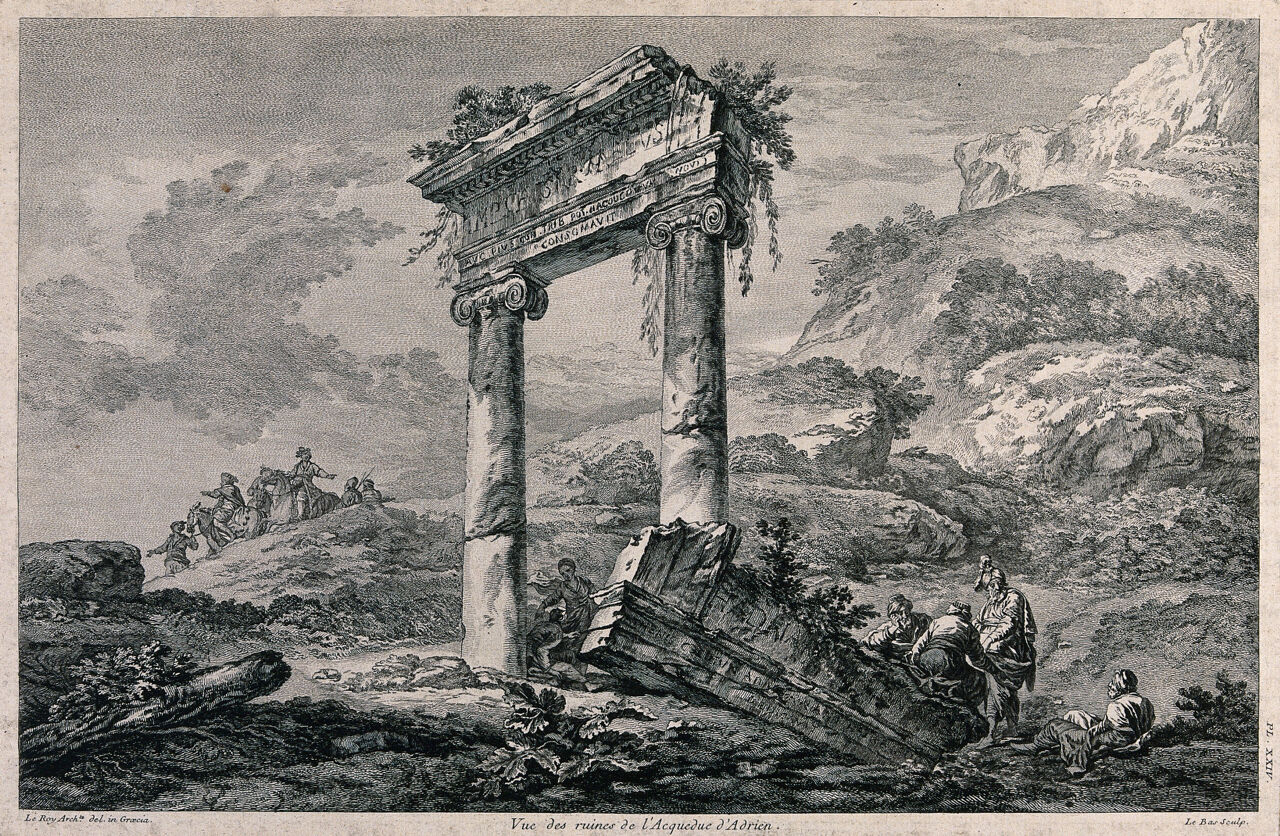A party of men in robes and turbans are gathered at the base of a ruined arch, men on horseback are riding over the hill. Engraving by Le Bas after J. Le Roy., 1700-1799, by Julien-David Le Roy