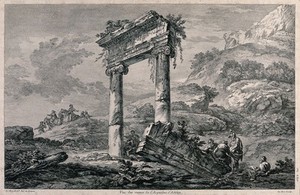 view A party of men in robes and turbans are gathered at the base of a ruined arch, men on horseback are riding over the hill. Engraving by Le Bas after J. Le Roy.