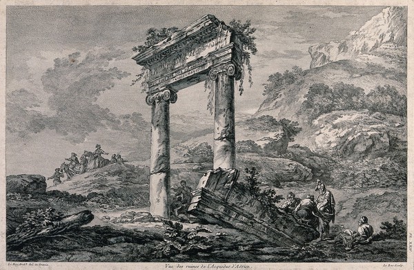 A party of men in robes and turbans are gathered at the base of a ruined arch, men on horseback are riding over the hill. Engraving by Le Bas after J. Le Roy.