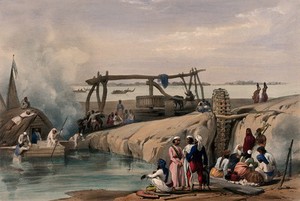 view People are gathered around the water's edge, a large vessel has arrived and people are climbing out on to the land. Coloured lithograph.