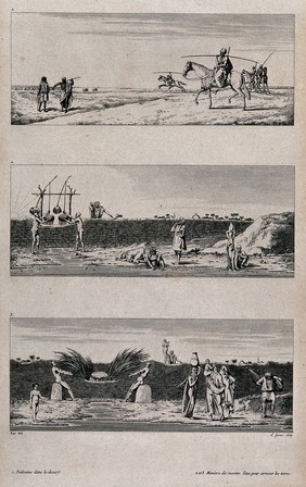 Egypt: Bedouins exercising on horseback; women collecting water from the well which they are carrying in flagons on their heads; men collecting water from a well. Engraving by L. Garreau, 1802, after M. Rigo.