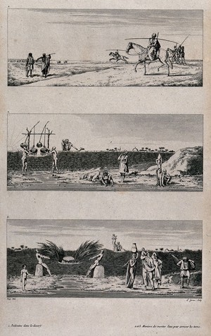 view Egypt: Bedouins exercising on horseback; women collecting water from the well which they are carrying in flagons on their heads; men collecting water from a well. Engraving by L. Garreau, 1802, after M. Rigo.