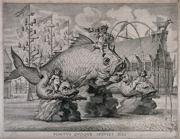 A large model of a fish in a pool with water spurting out of his mouth flanked by two smaller fish with small figures on them. Engraving, 1636.