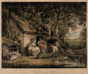 view A group of people are sitting outside a cottage with children playing and a litter of pigs nearby. Coloured mezzotint by Joe Grozar after George Morland.