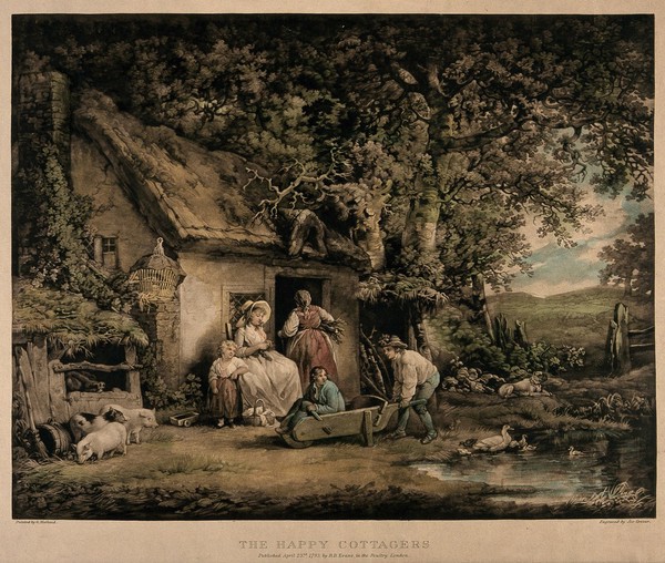 A group of people are sitting outside a cottage with children playing and a litter of pigs nearby. Coloured mezzotint by Joe Grozar after George Morland.