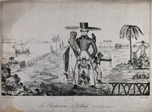 view A man wearing a "Bolivar hat", accompanied by a woman and two children. Lithograph by Benira (?).