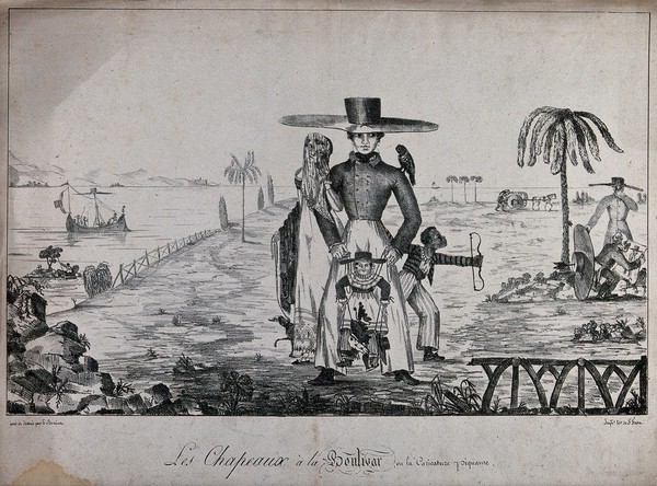 A man wearing a "Bolivar hat", accompanied by a woman and two children. Lithograph by Benira (?).