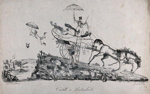 A man is balancing on the seat of a carriage with a parasol in his hand as a horse pulls the carriage and a boy floats away holding another parasol. Lithograph by F. Festa after Bunivera.