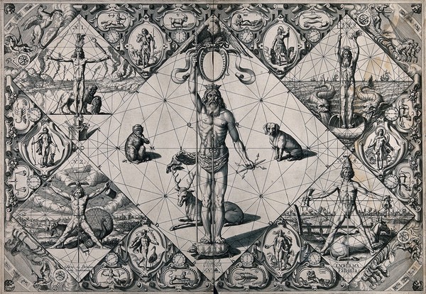 Human proportions established through mythological figures. Engraving.