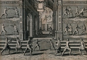 view Men fencing. Engraving by Boetius a Bolswert.