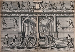 view Men fencing. Engraving by Crispiaen van den Queborne.