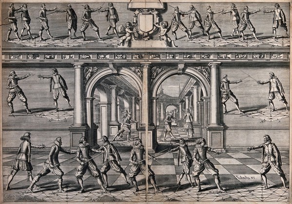 Men fencing. Engraving by Crispiaen van den Queborne.