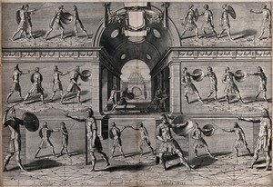 view Men fencing. Engraving by Crispiaen van den Queborne.