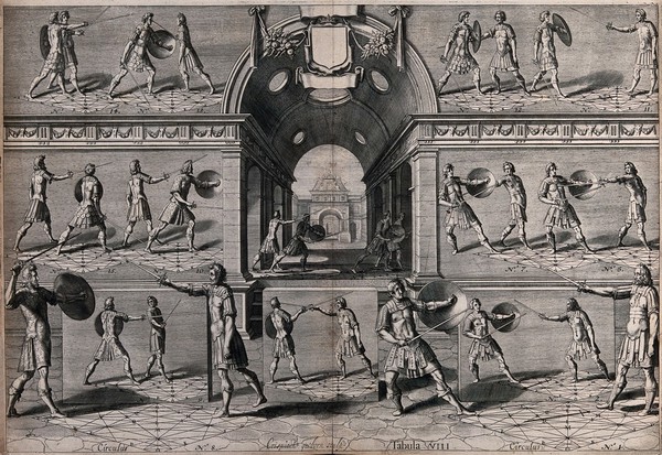 Men fencing. Engraving by Crispiaen van den Queborne.