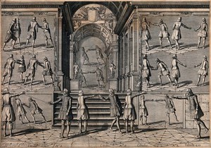 view Men fencing. Engraving by J. Gelle.