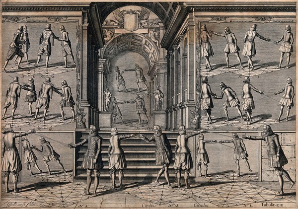 Men fencing. Engraving by J. Gelle.