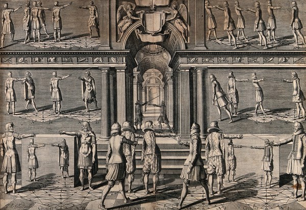 Men fencing. Engraving by J. Gelle.